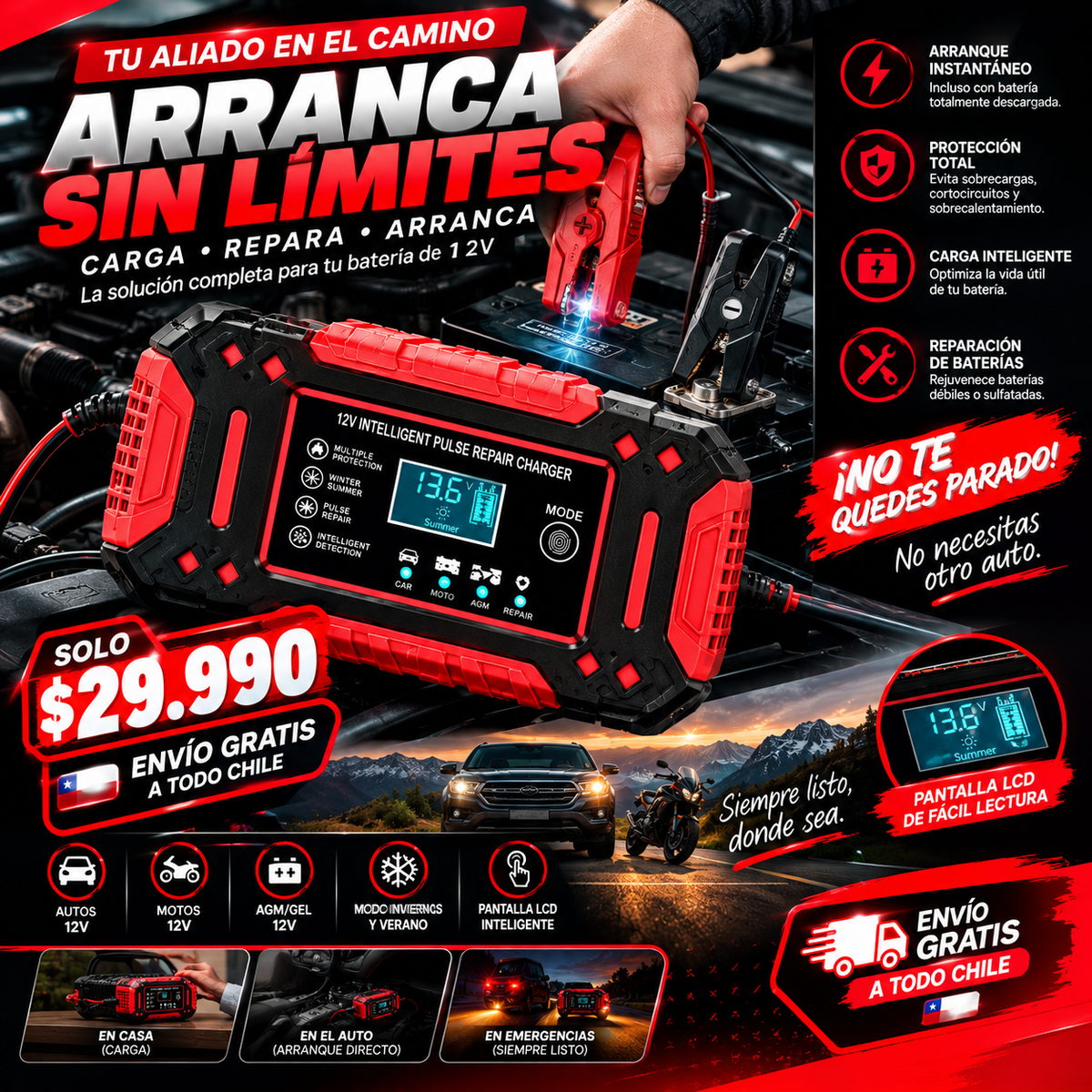 Cargador de Batería para Auto 12V + Arrancador de Emergencia