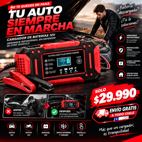 Cargador de Batería para Auto 12V + Arrancador de Emergencia
