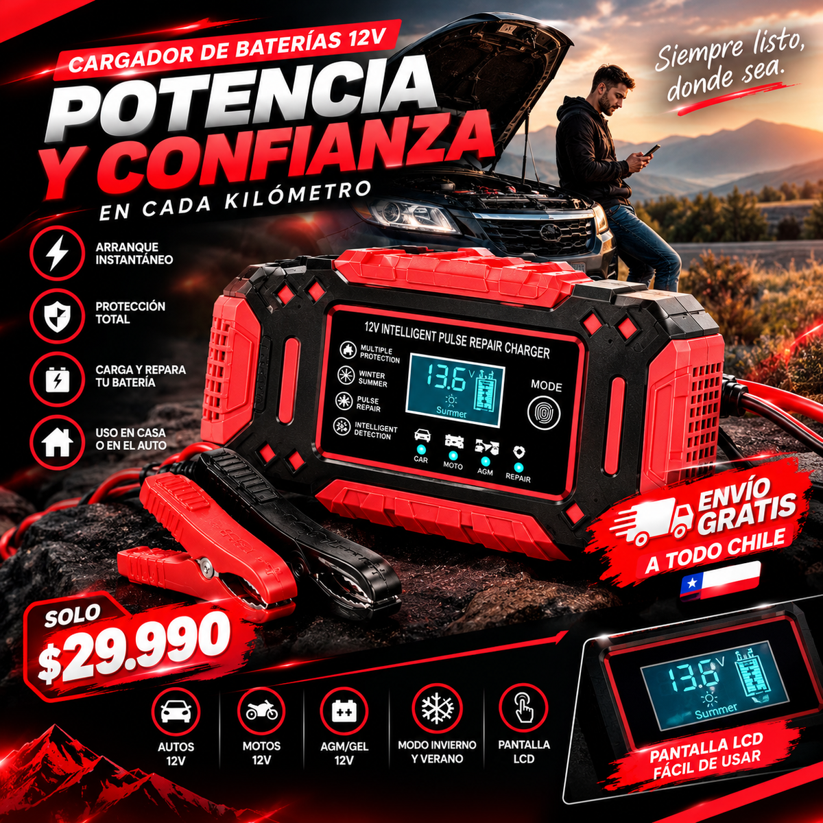 Cargador de Batería para Auto 12V + Arrancador de Emergencia